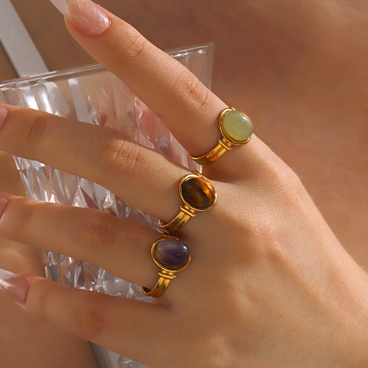 Vintage 18K Gold Plated Natural Stone Tiger Eyes Open Adjustable Ring Non Tarnish Stainless Steel Green Aventurine Gold Ring
