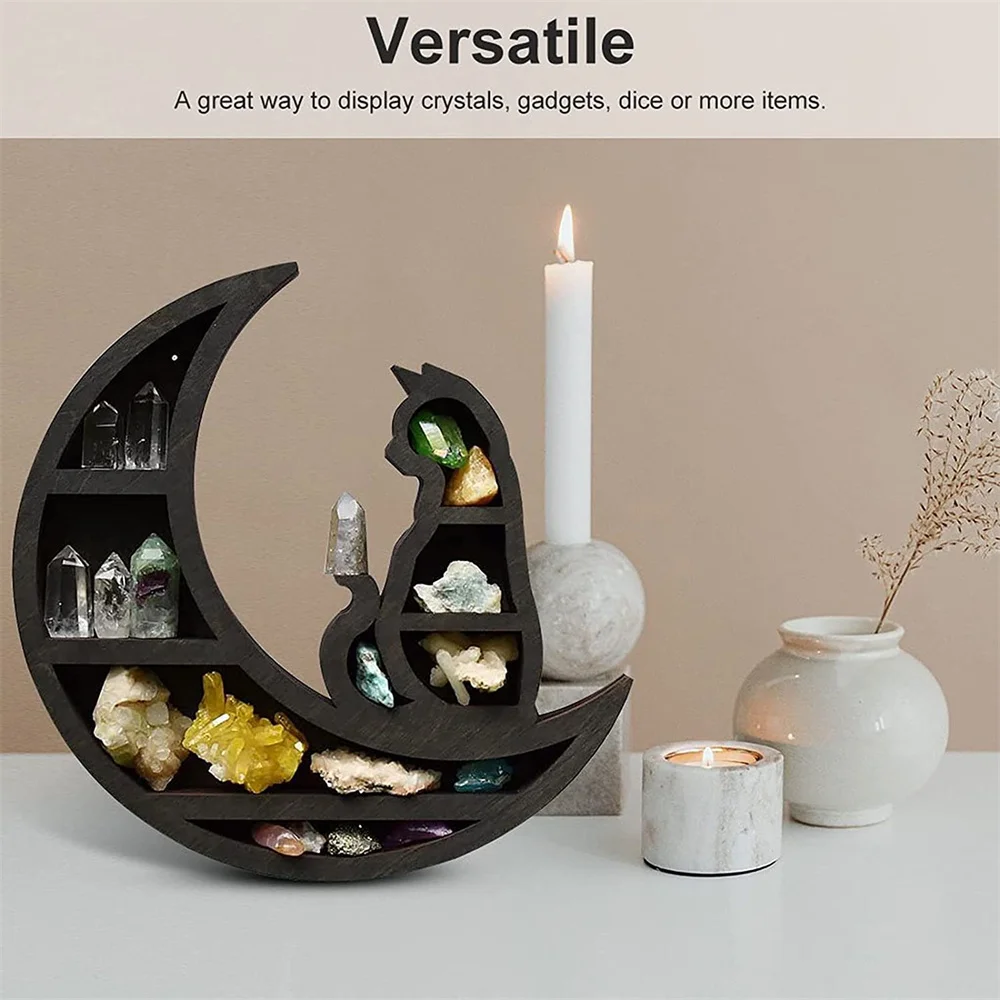 CaoXian HiHome Cat on The Moon Crystal Wood Shelf,  Beautiful and Delicate Engraved Moon Design