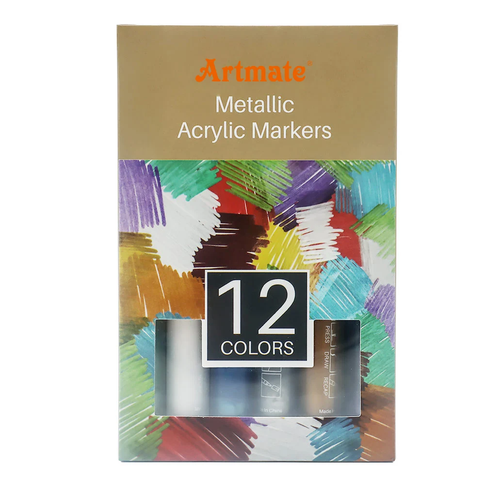 Artmate Acrylic Art Makers Acrylic Marker Pens Metallic 12 Colors for Rock Glass Ceramic Wood Canvas Fabric