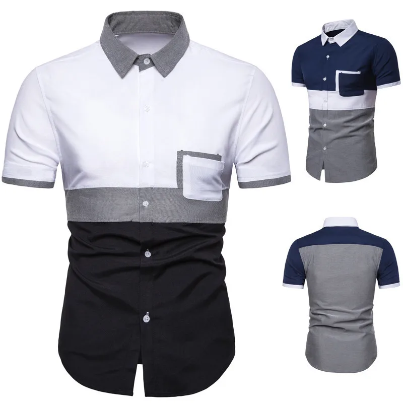 High Quality Men cotton top blouse short Sleeve Plaid color matching outdoor slim fit Shirt