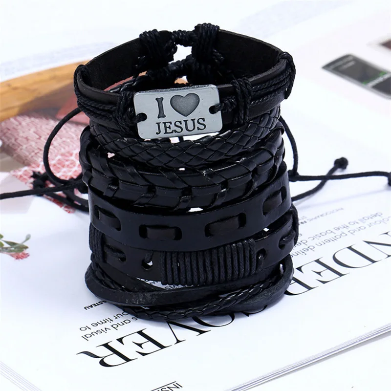 DIY 6pcs in 1 set free size adjustable woven cowhide bracelet genuine leather bracelet set for man for women wholesale men brac