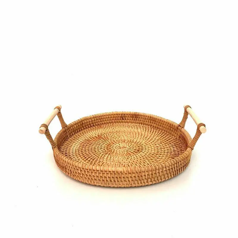 Hand Woven Serving Basket Cut - Out Handles Wicker Fruit Bread Serving Basket Rattan Round Serving Tray