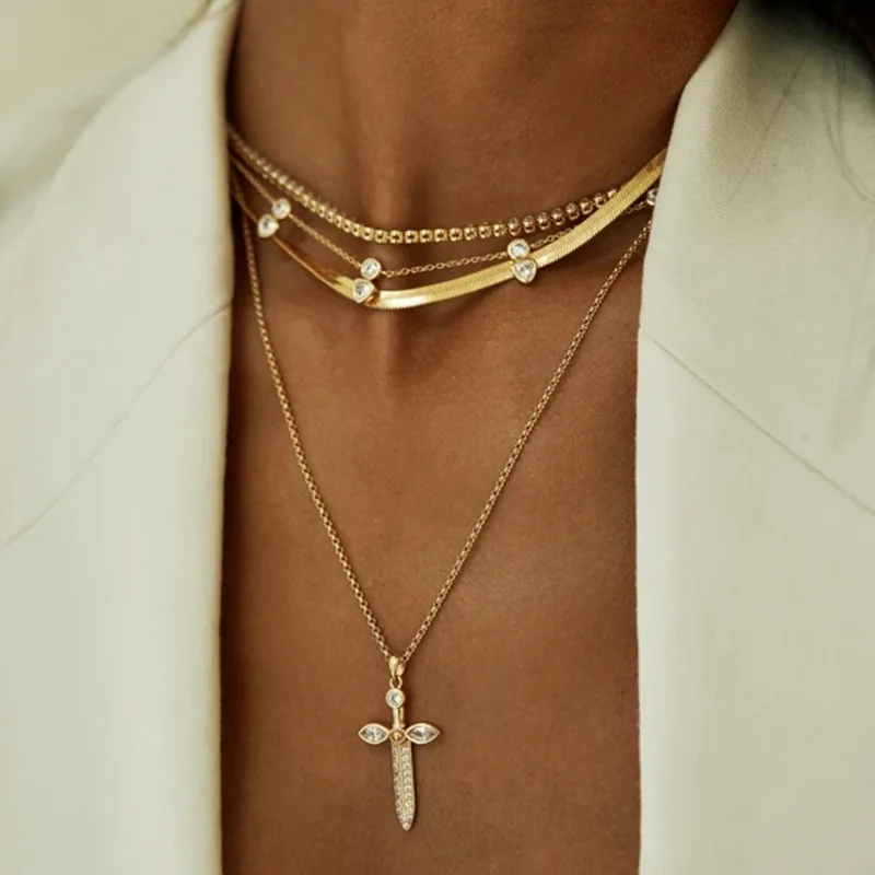 Cross design necklace dagger shape zircon link chain personality gold plated pendant crystal charm necklace