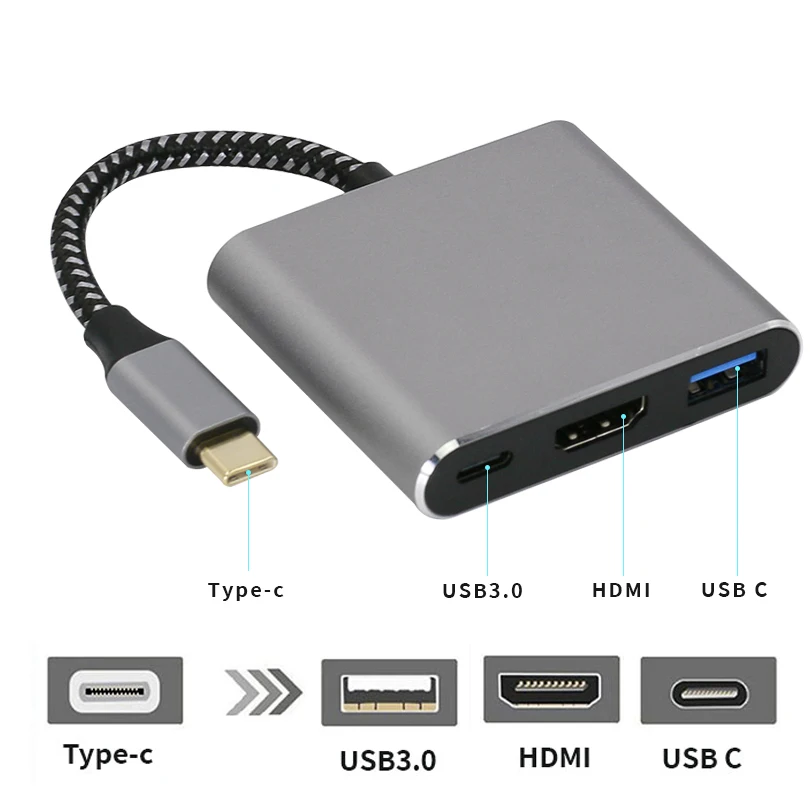 Source manufacturers can customize multifunctional gray aluminum shell Type-c to HDMI USB3.0 PD powered nylon rope hub