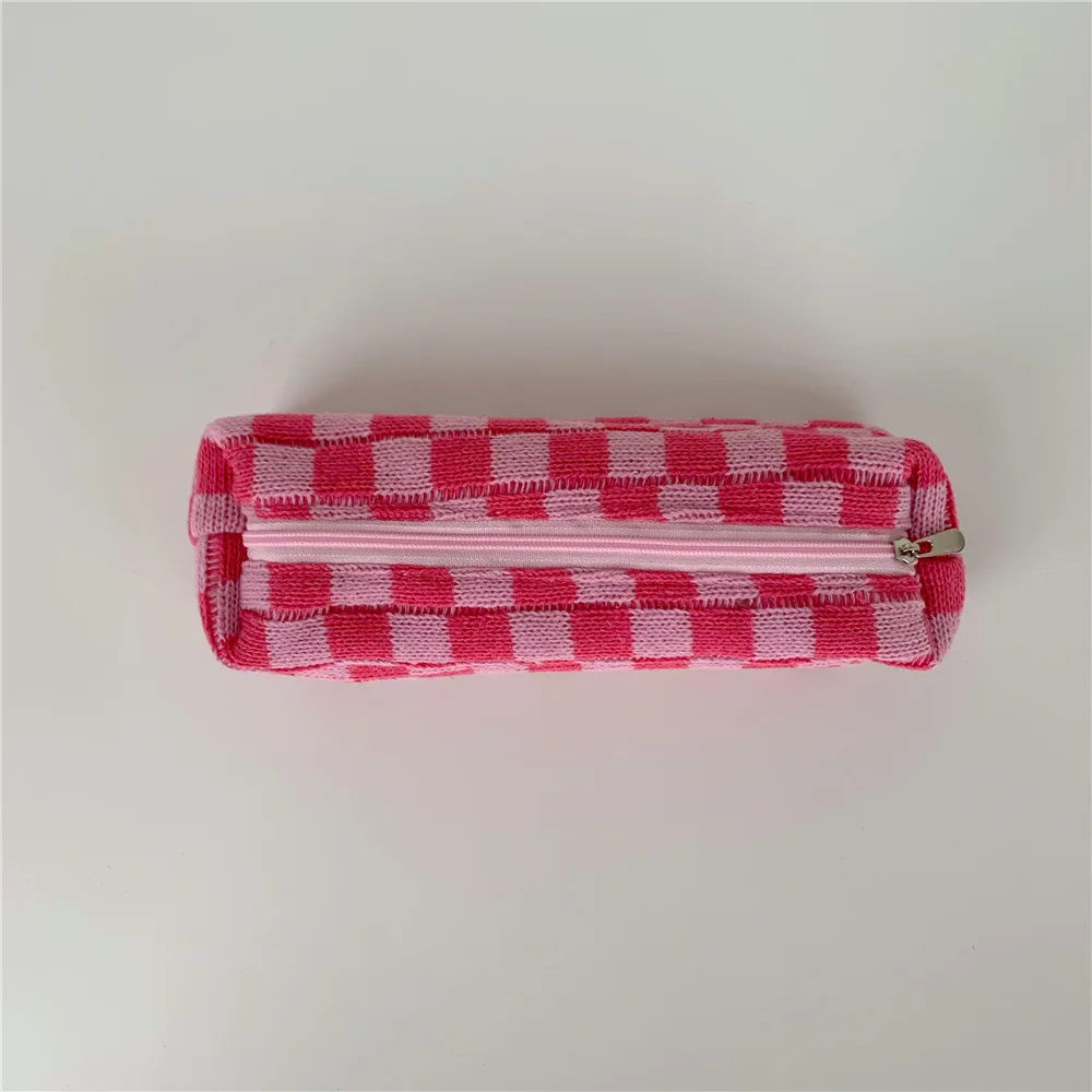Student Checkered pen Bag College girls Pencil Case Cute plaid Square Shape Knitted Pencil Bags Tube Pencil Case Stationery Bag