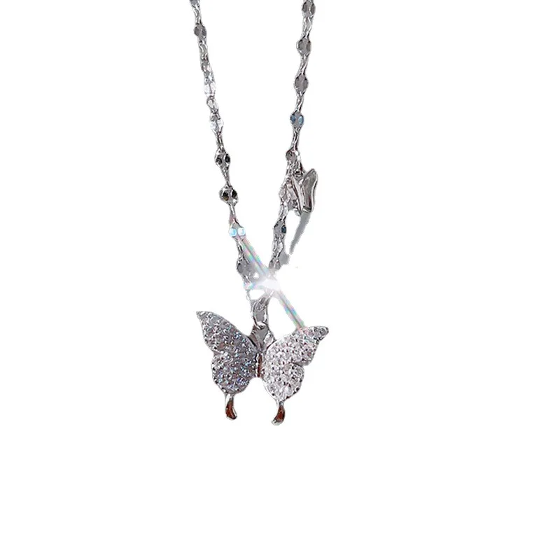 Luxury Pure 925 Sterling silver Shiny CZ Zircon Butterfly Pendant Necklace for Women Girls Jewelry