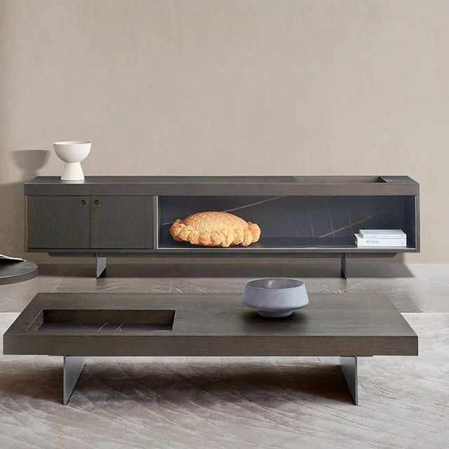Premium living room furniture: round cozy small coffee table creates a comfortable interior