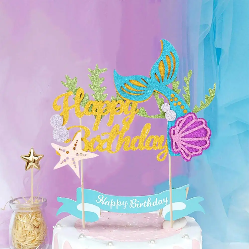 Wholesale Mermaid Happy Birthday baby Cake Topper Home Party Decoration Paper Cake Toppers