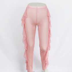 LDDRESS New Sexy Ruffle Women Beach Mesh Pants Sheer Wide Leg Pants Transparent Long Beach Cover Up Bikini Trousers