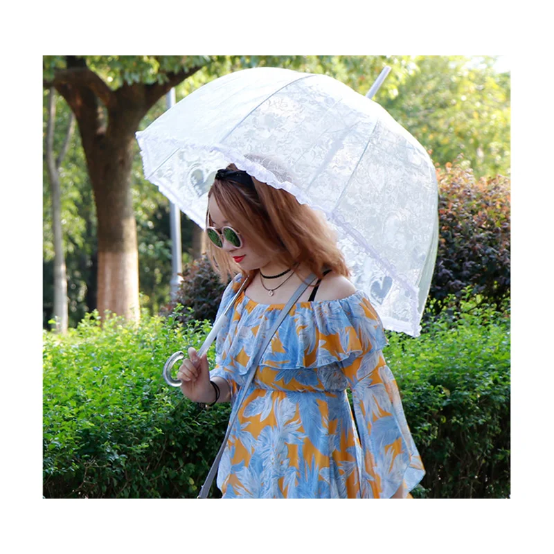 RST new crystal handle automatic lace white transparent clear umbrella wedding decoration umbrella