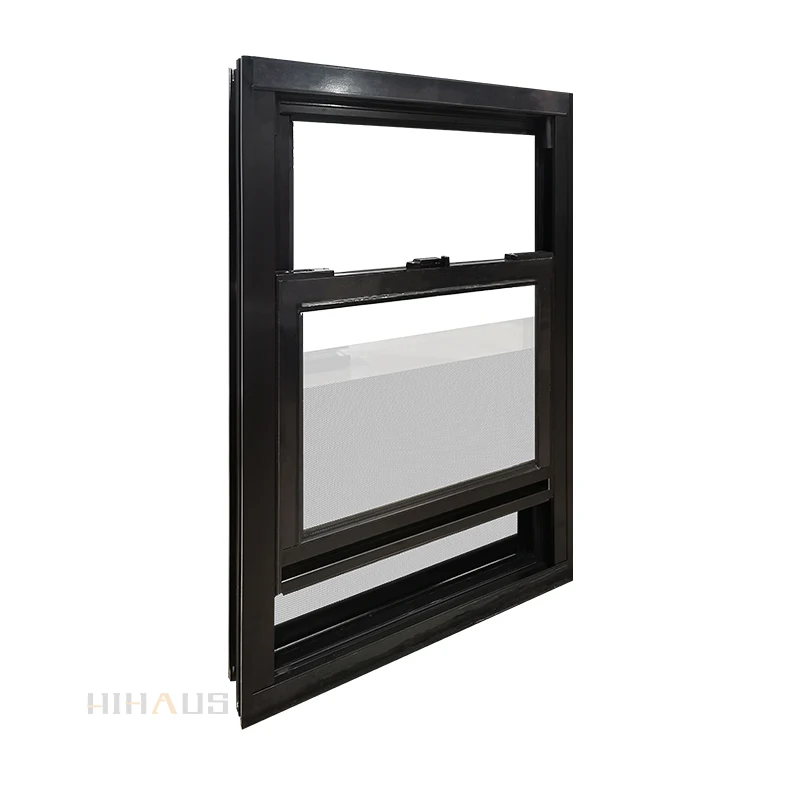 Hihaus custom black aluminium tempered glass american style double hung window