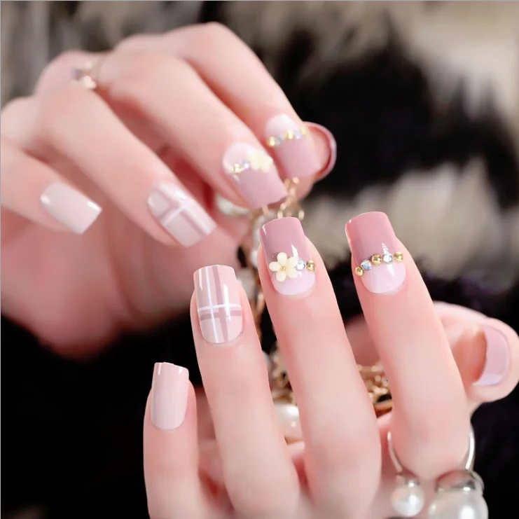 24pcs/box 3D Popular False Nail Short Square Press on Artificial Fingernails Flower Designs Nail Art Tips Wholesale Dropshipping