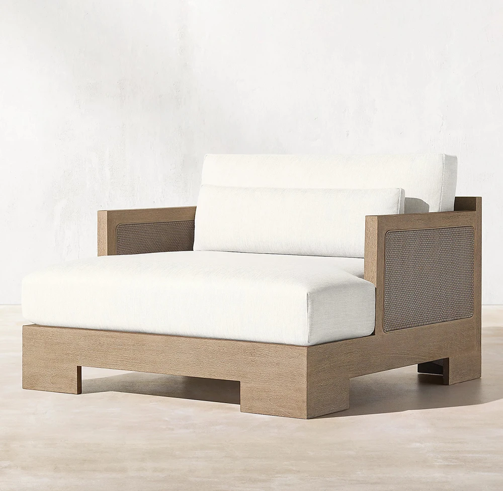 Patios Outdoor Garden Furniture Teak Wood and Cane Sectional Sofa Set for Living Room Restaurant Beach with Fabric Material