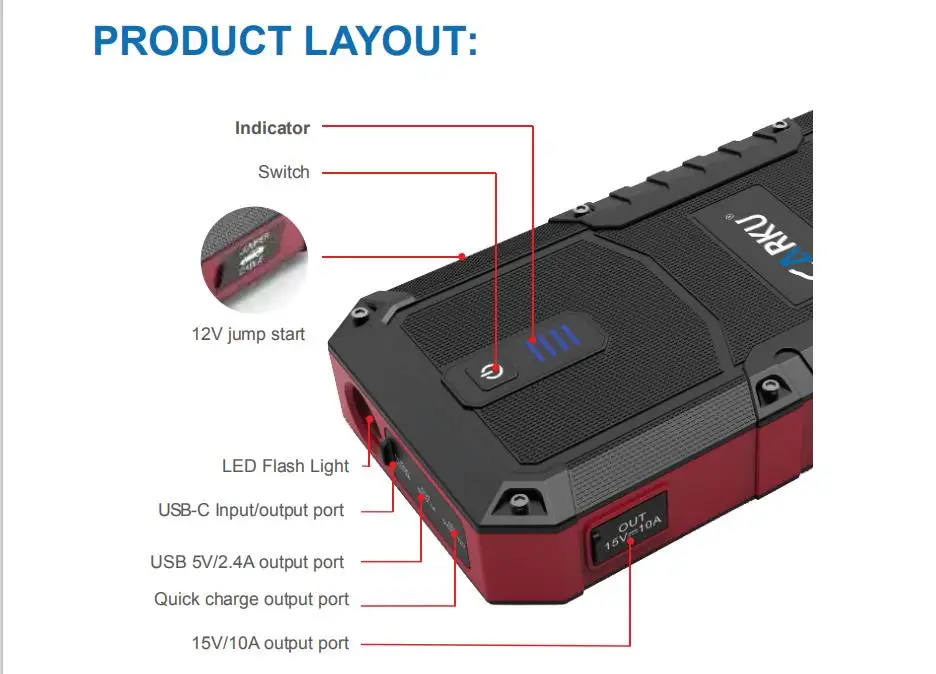 CARKU Newest design quick charge jump starter with 21000mAh