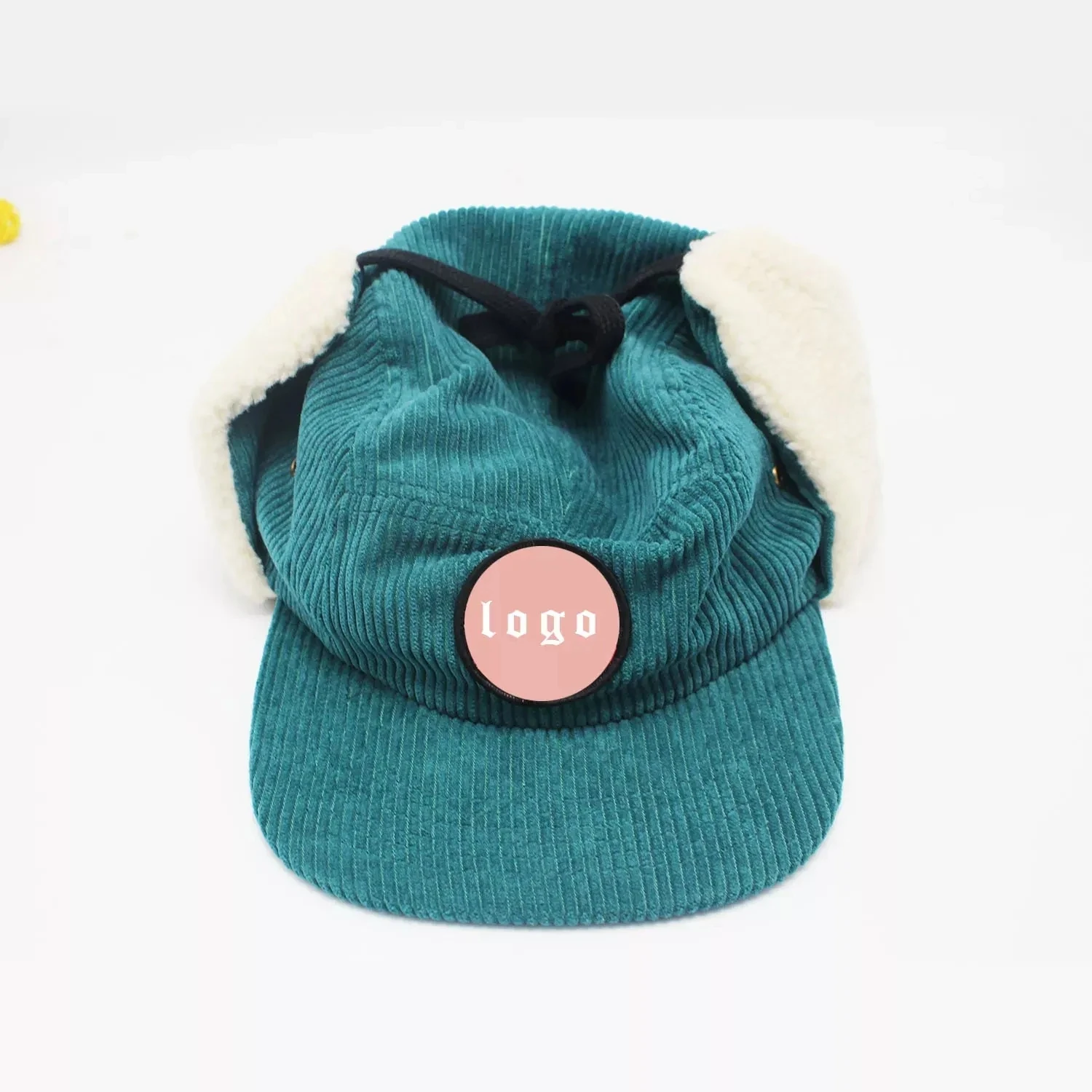 Custom Embroidery Corduroy Lamb Earflap  Winter Hats and Camping Hats Flat Brim Snapback Hat Wholesale