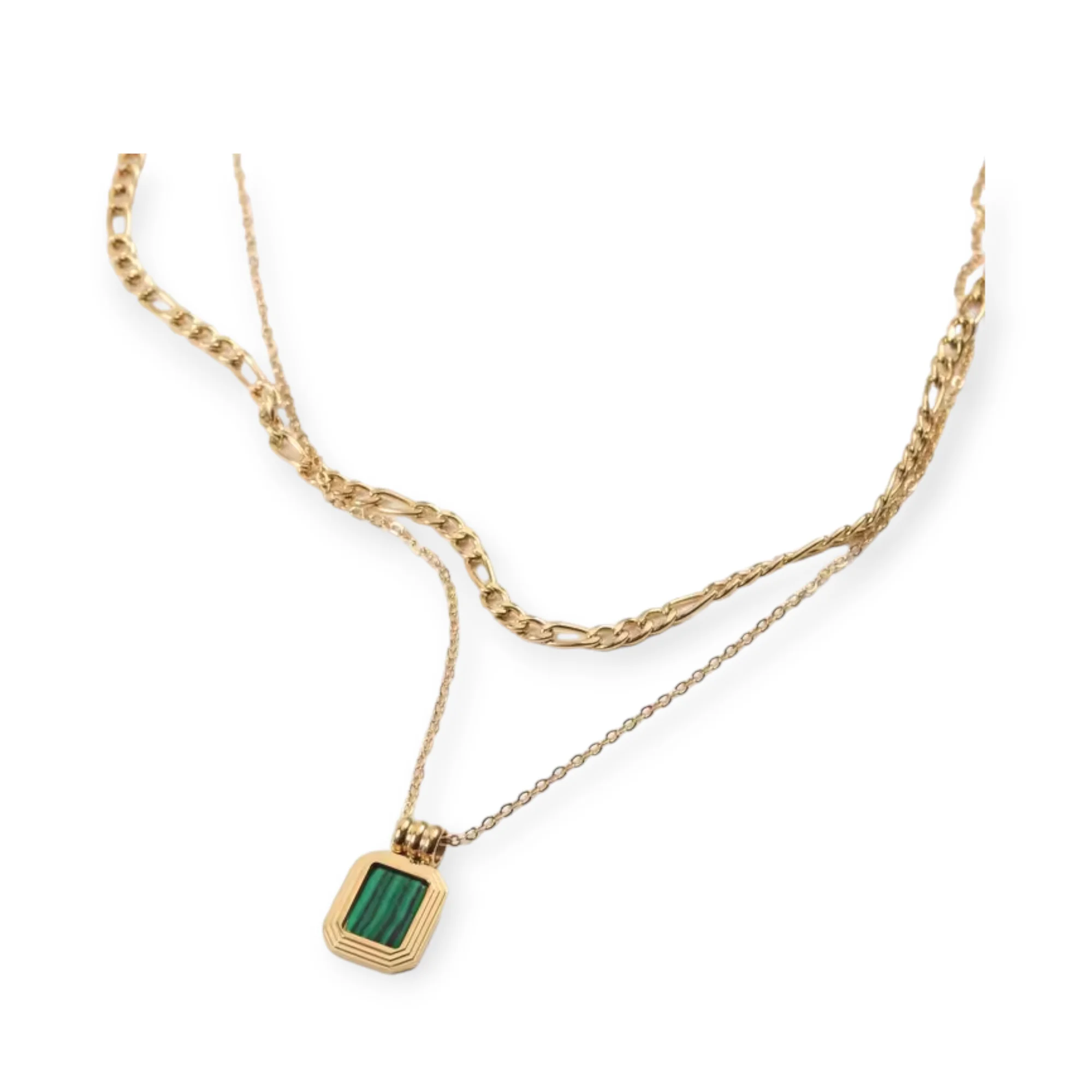 Dainty Gold Stainless Steel Tarnish Free Double Layer Square Malachite Tag Pendant Collar Figaro Link Chain Necklace For Women