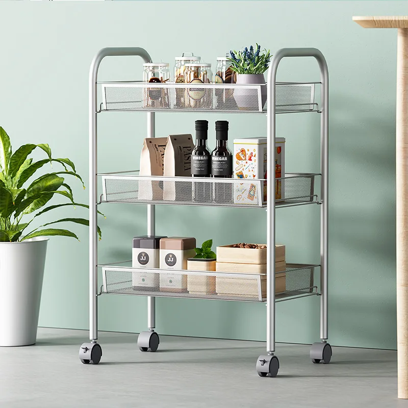 3 Tier Car of Square Rolling Utility , Metal Trolley Cart with Wheels, Easy Assembly Organizer Storage Cart