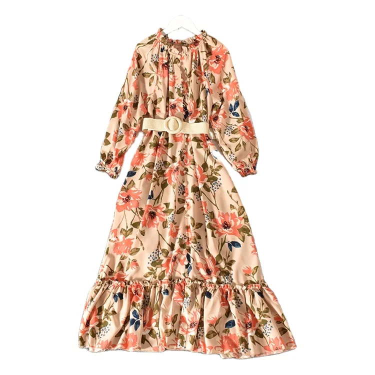 
Women Dresses Sweet Fungus Collar Puff Sleeve Row Sashes Slim Waist Ruffles Floral Print Female Elegant Women Flowy Dress 