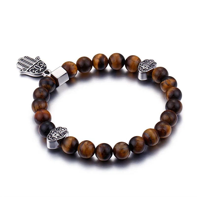 Vintage Stainless Steel the Hand of Fatima Hamsa Charms Natural Stone tiger Eye Beaded Bracelet Jewelry Wholesale for Men