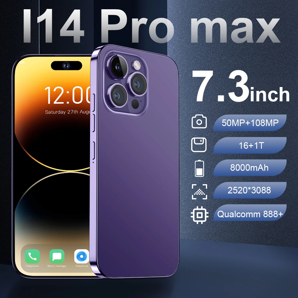 Высококачественные футболки с надписями «i 14 Pro Max 5G 6 8 дюймов Оригинальный мобильный телефон 1 Гб + 16 ТБ большой объем памяти смарт-телефон камера