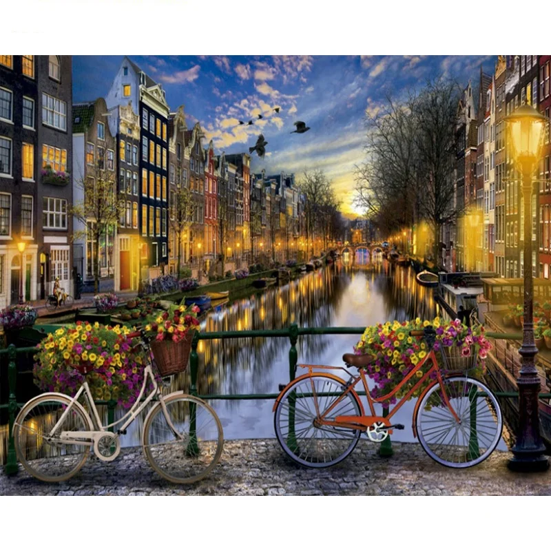 classic European Vintage bicycles and flowers on a bridge oil painting by numbers for Office
