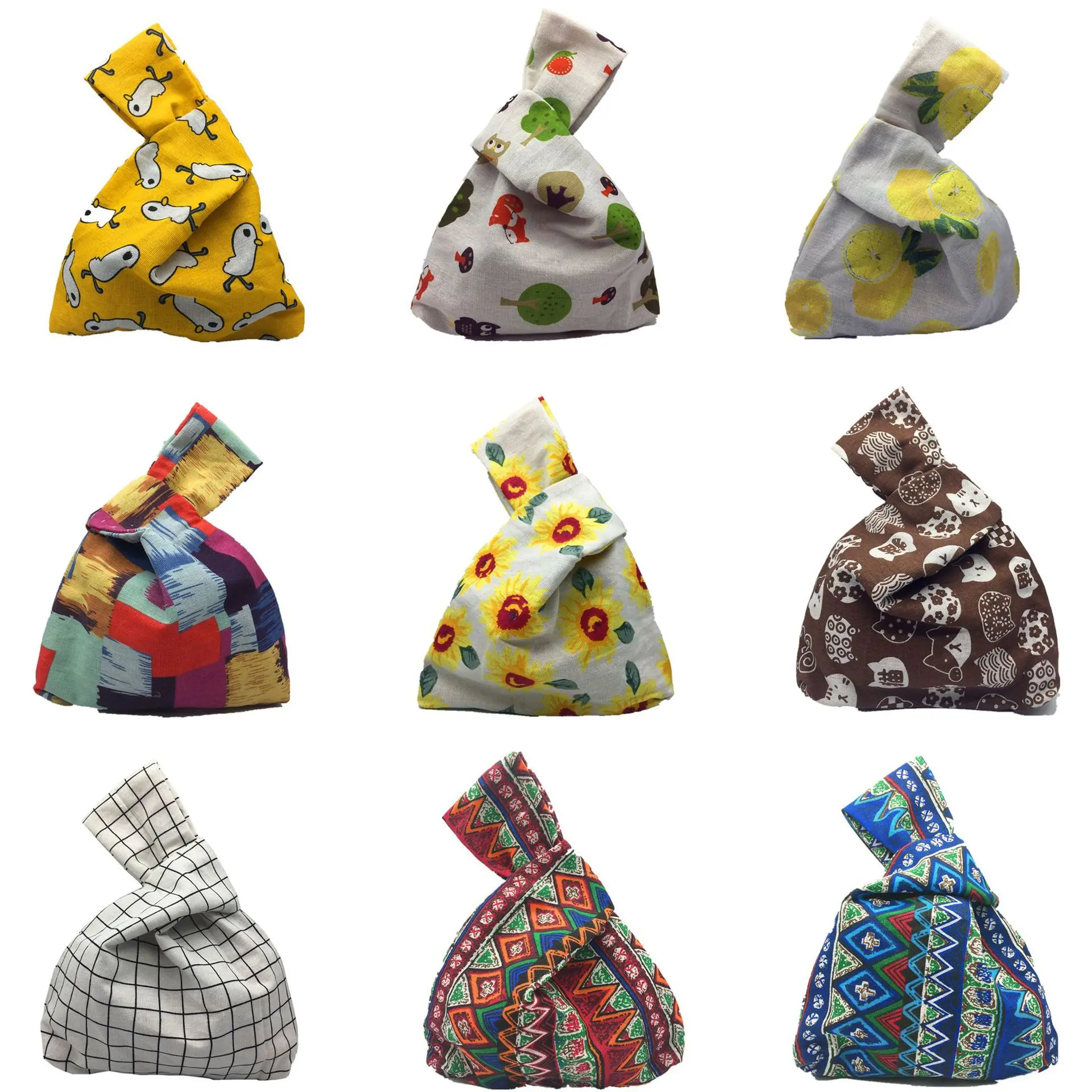 Eco Mini Portable Japanese Style Wrist Pouch Bag Sleeve Knot Cotton Canvas Simple Wrist Knot Bag Women