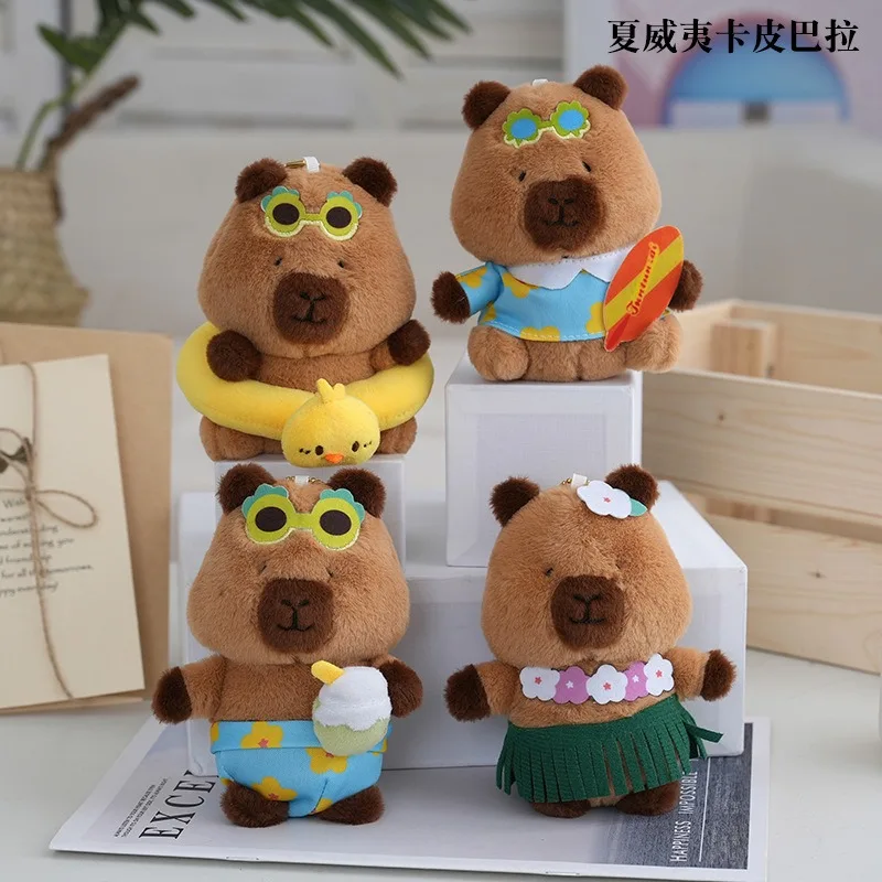 13cm Summer Hawaiian Stuffed Animal Toy Capybara Plush Keychains Toys Swimming ring Skateboard Doll Key Chains Capybara Keychain