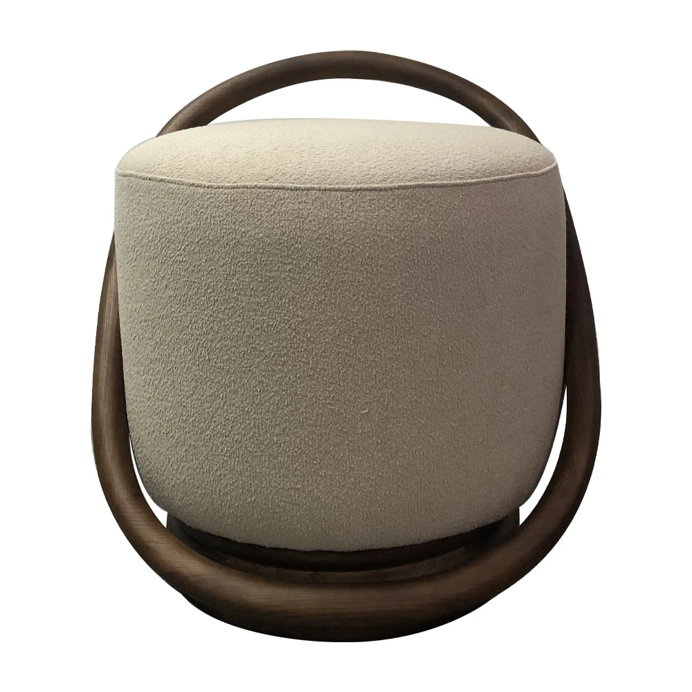 French Style Fabric Upholstery Footstool Round Walnut Stool Ottoman HLN003