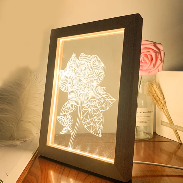 Home Decor Wood Photo Frame 3D Acrylic Led Night Light For Kids