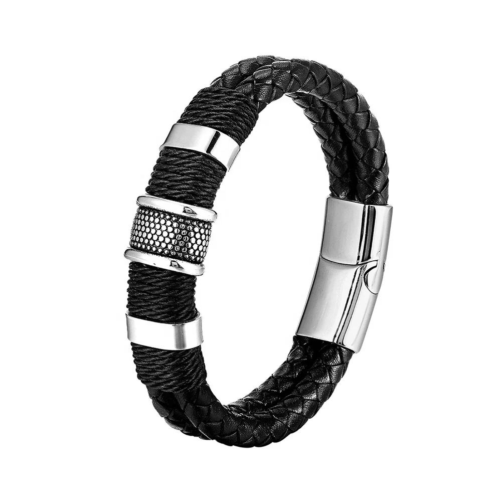 Alin Fashion Mens Braided Bracelet Black Genuine Leather Bracelet With Stainless Steel Clasp Wristband Bracelet For Men