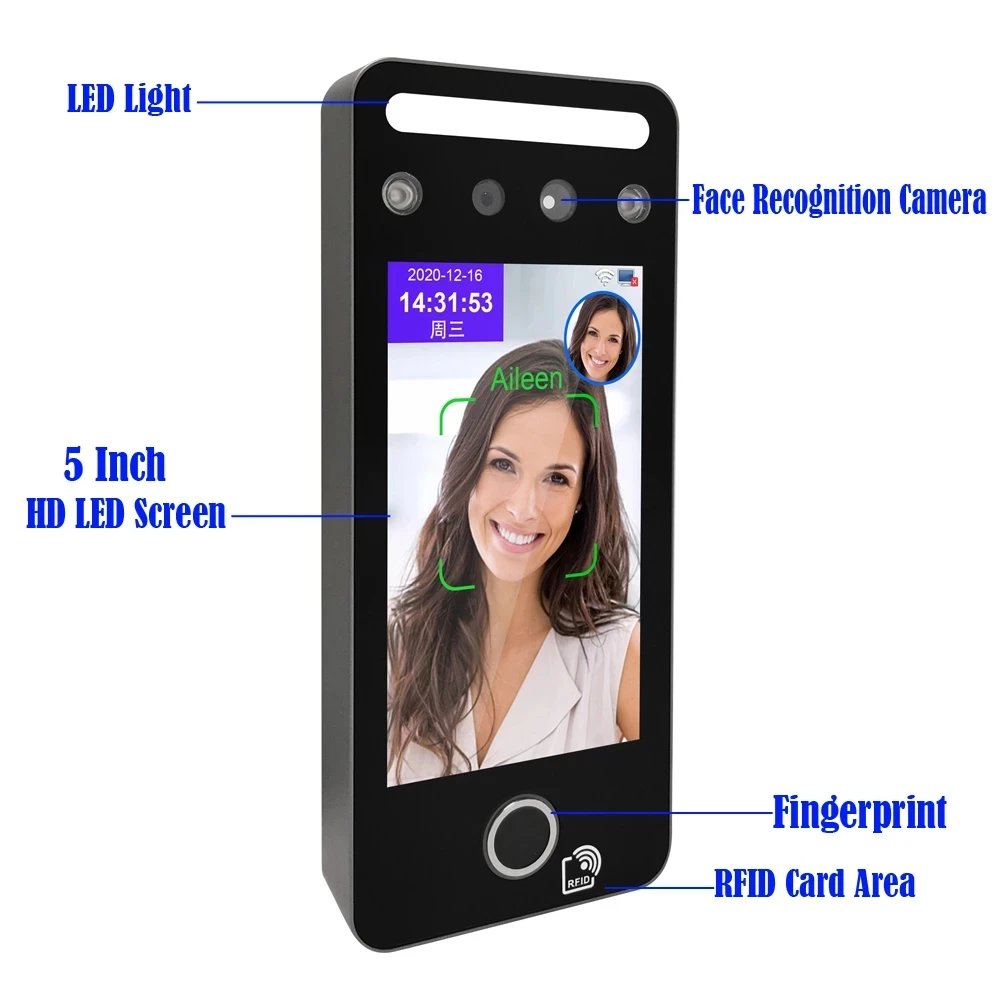 5 inch Dynamic Facial Access Control IR Face Recognition 125KHz RFID TCP/IP/RS485 Fingerprint Time Attendance Terminal