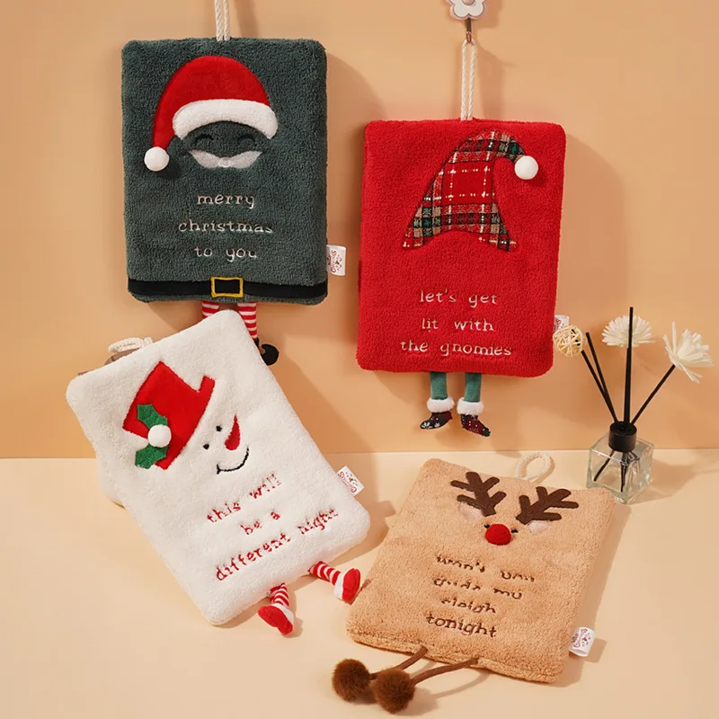 Christmas Decorative Coral Fleece Gift Coral Velvet Kitchen Hand Drying Cleaning Towels Heat Insulation Towels Coaster With Hook