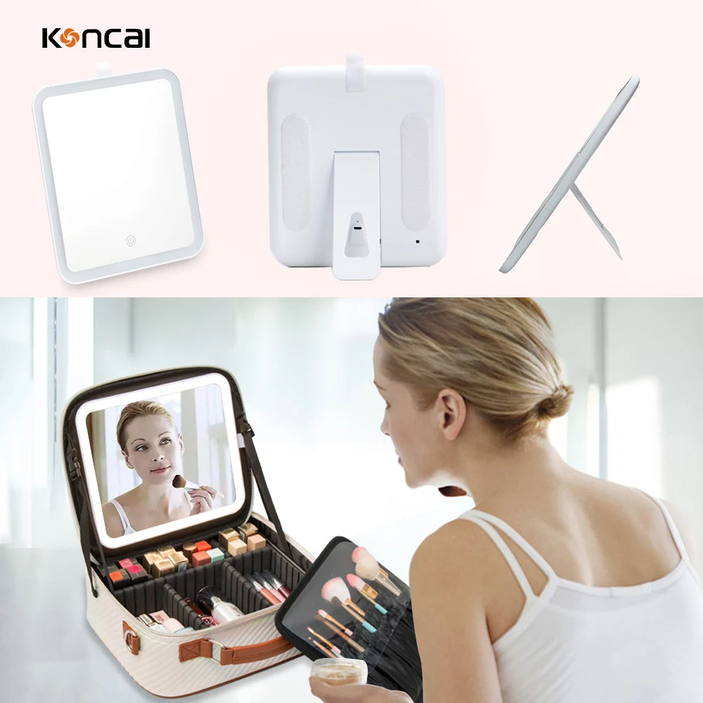 KONCAI Make Up Accessories Custom Vanity Box Organizer Beauty Makeup Case Leather Travel Cosmetic Bag with Led Mirror Light