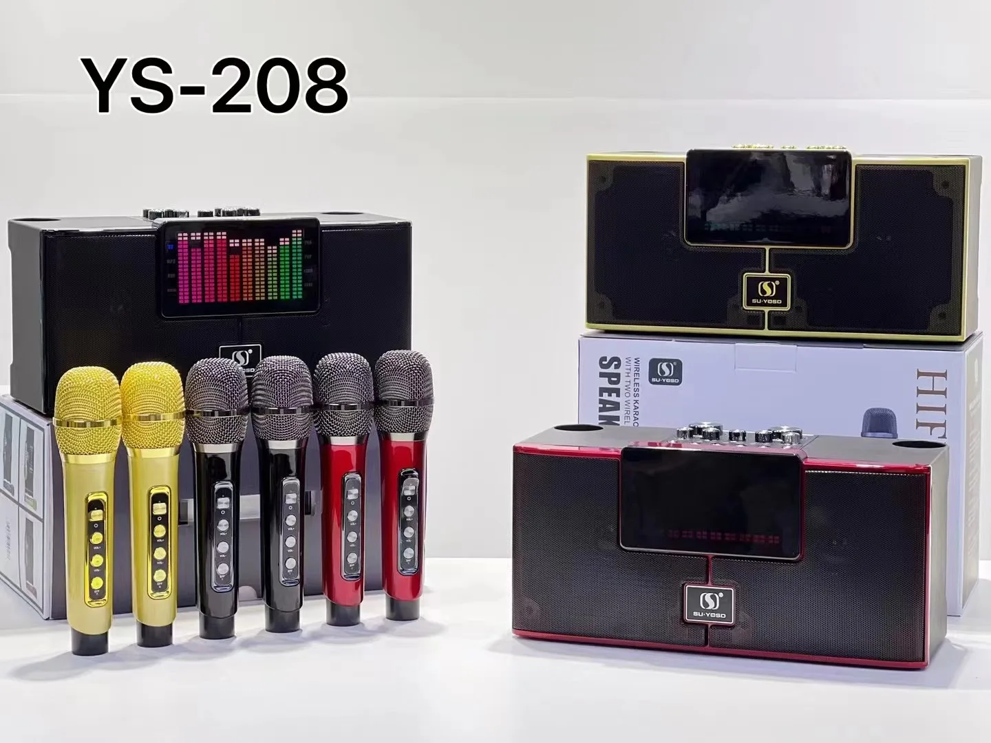 YS208 Powerful Wireless Speaker Dual Microphones RGB Disco LED flash light Subwoofer Bass Stereo Big Sound Party Karaoke