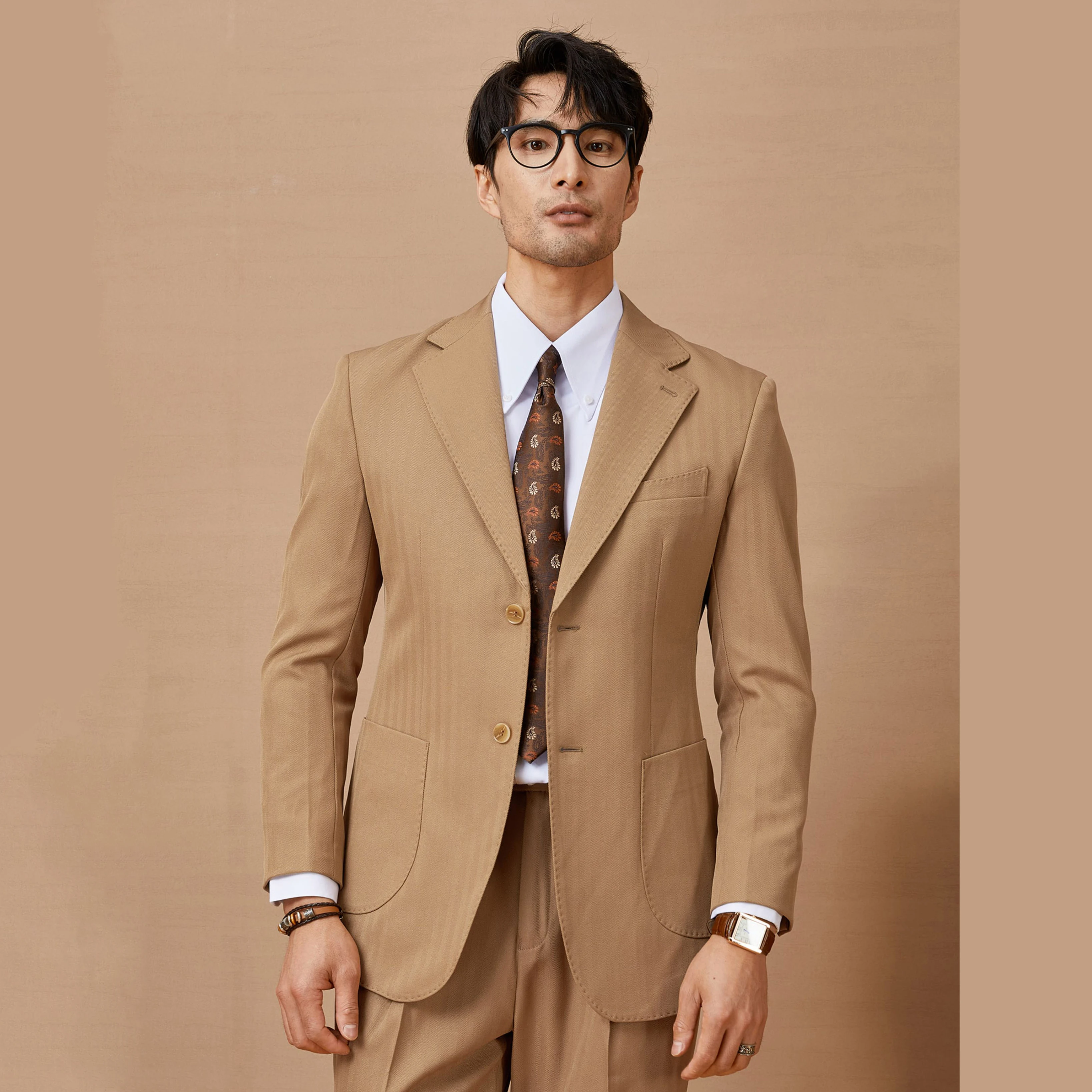 Italian gentleman Naples herringbone vintage suit for men Khaki single breasted high-end wedding banquet casual suit