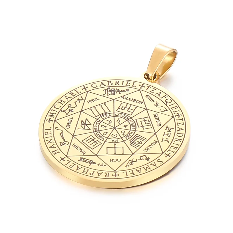 Kalen Unisex Religious Silver/Gold/Black Stainless Steel Circle Pendant with Jewish Hexagram Pattern