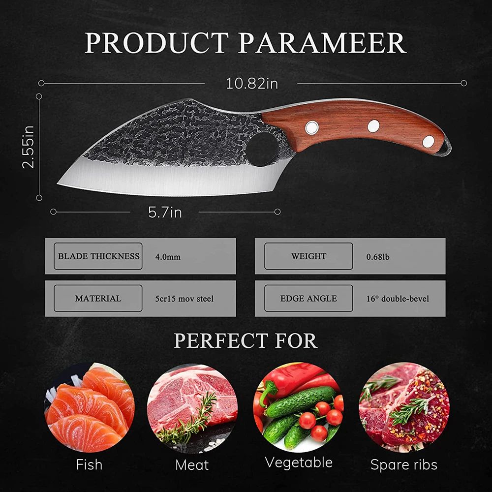 High Quality Wholesale Price Bone Knife Wooden Handle Nonstick Stainless Steel Butcher Bone Knife Set with PU Sheath