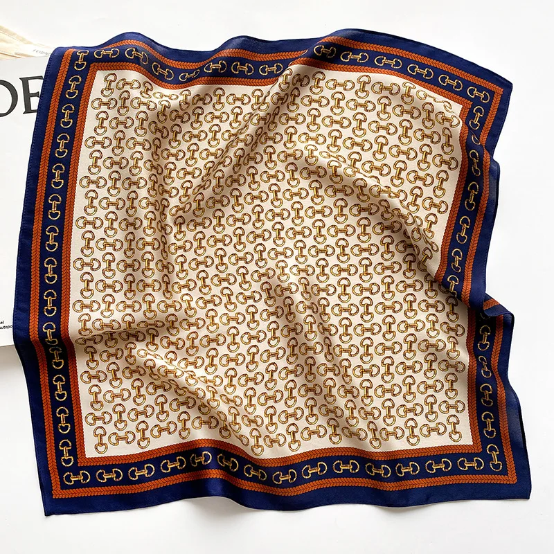 New light luxury fashion chain print small square hair bandanas 100% silk square scarf ladies 53cm mulberry silk neckerchief