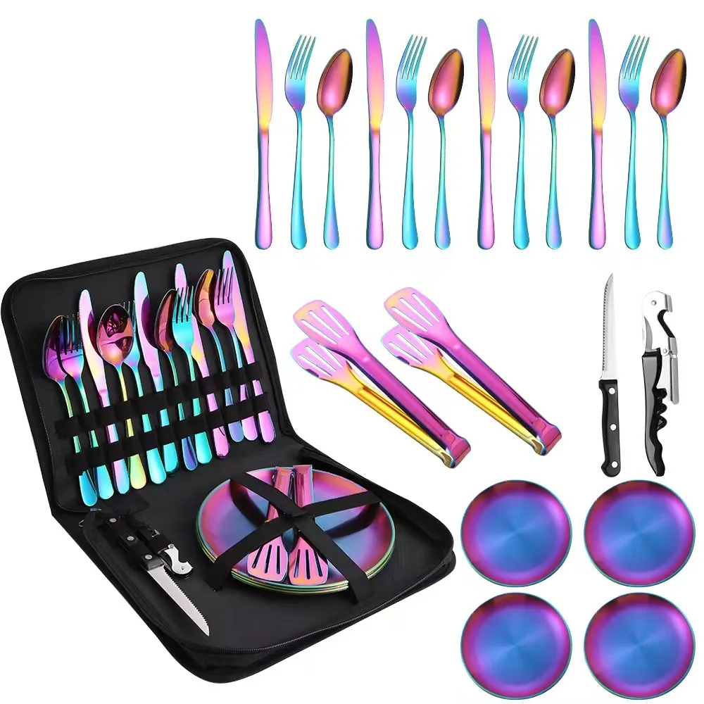 Jetshark Stainless Steel Camping Kitchen Tableware Camping Picnic Western Food knife Fork Spoon Plate Set Portable Cloth Bag Set