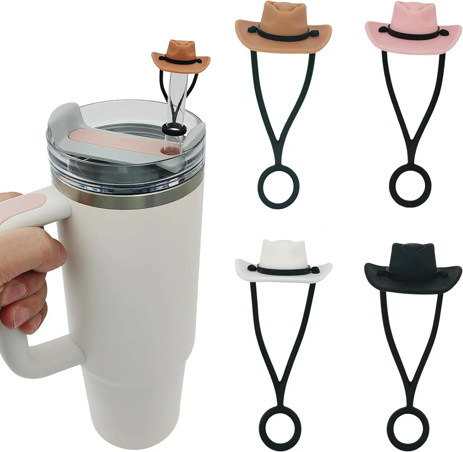 10 mm drinking silicone  straw topper pink brown white cowboy hat straw cover cap for 2024 cup