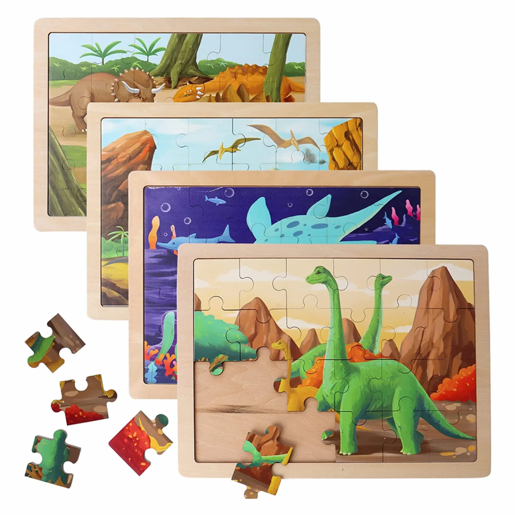 Wooden Dinosaur Puzzles for Kids 24 PCs Jigsaw Puzzles Preschool Educational Brain Teaser Boards Toys Montessori Toys