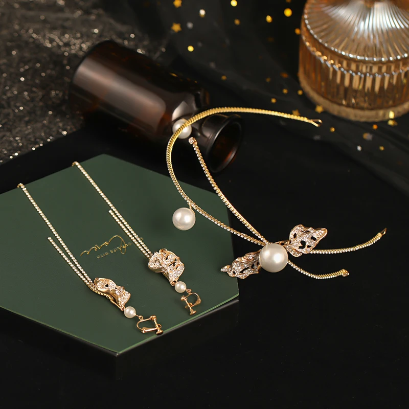 Rhinestone Bridal Headdress Jewelry Full Diamond Big Pearl Leaves Shape Headband with Earrings Sets Bridal Wedding Hairband