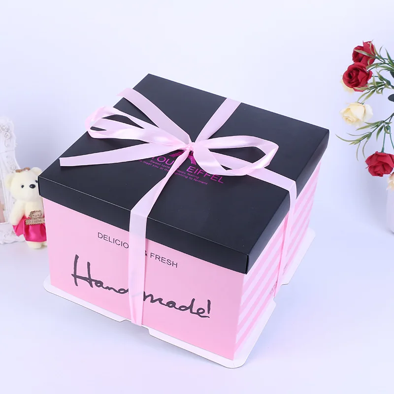 Custom Made 6 Inches 8 Inches 10 Inches Tall Cake Box With Bottom Board Big Packaging Cake Box With Ribbon