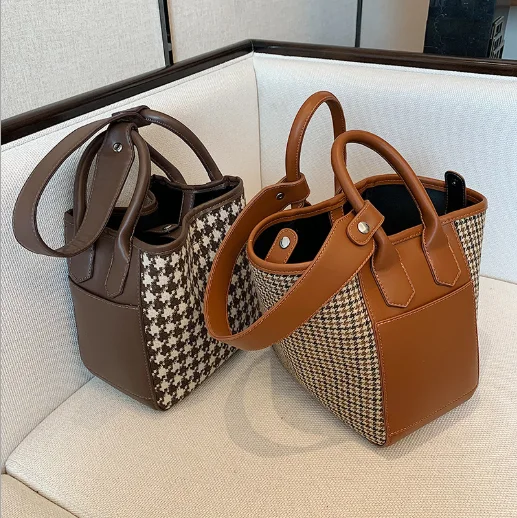 Large Capacity Bucket Handbags Plaid Armpit Women Leather Big Bags For women Girls