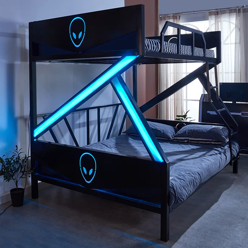 Modern LED Light E-sports Hotel Bed Loft Metal Twin Gaming Bunk