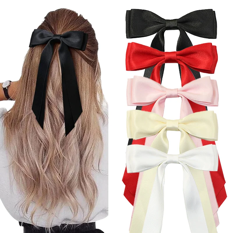 Wholesale Solid Color stain Bow Hair Accessories Double Layer Long Ribbon Bow Hair Clips For Women Girls