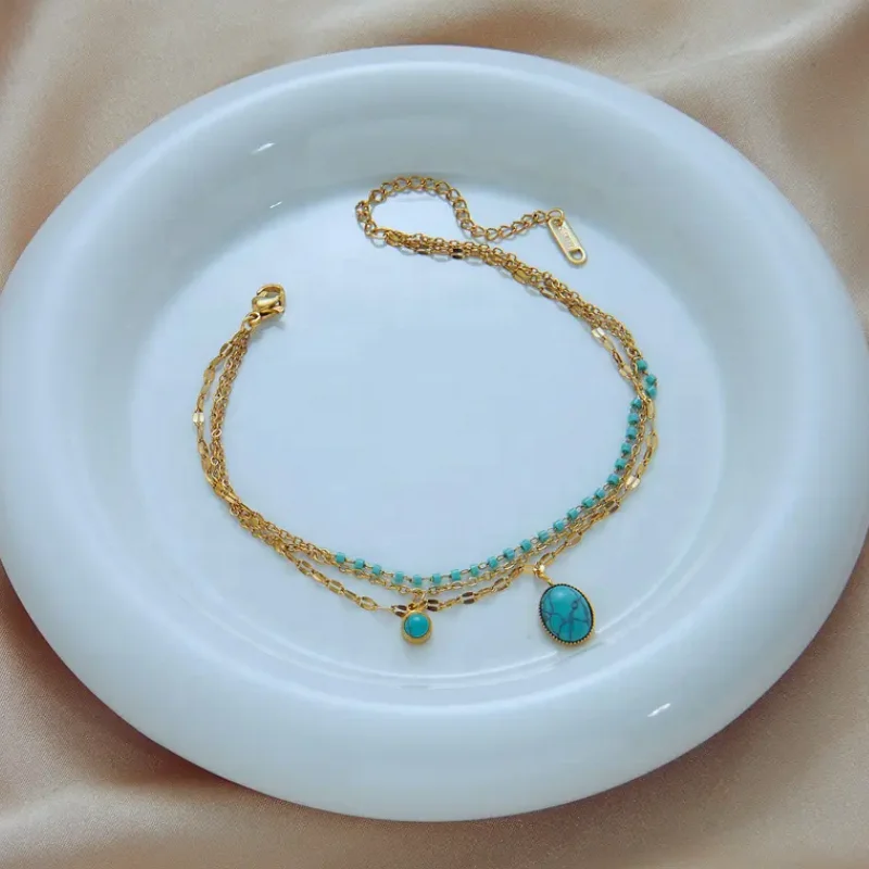 Wholesale Trend Jewelry Gemstone Bracelet Fashion Non Tarnish Stainless Steel Muti Layer Turquoise Link Chain Bracelet For Women