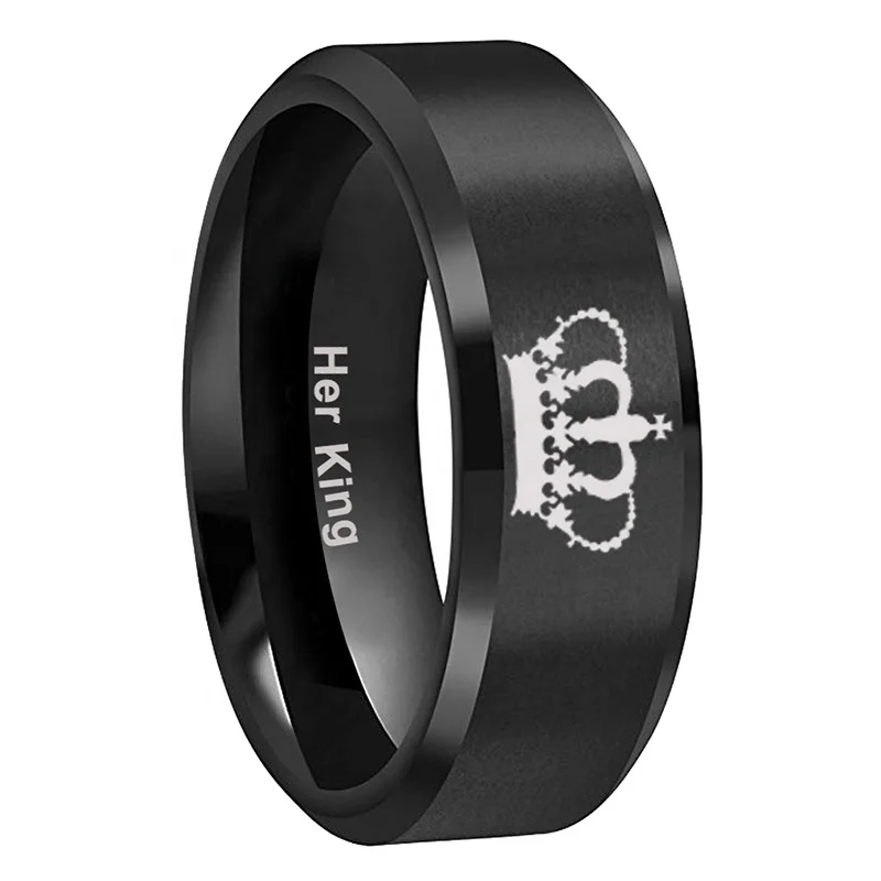 Coolstyle Jewelry 8mm Black Tungsten Anniversary Engagement Rings for Men Her King Engraved Beveled Matte Comfort Fit