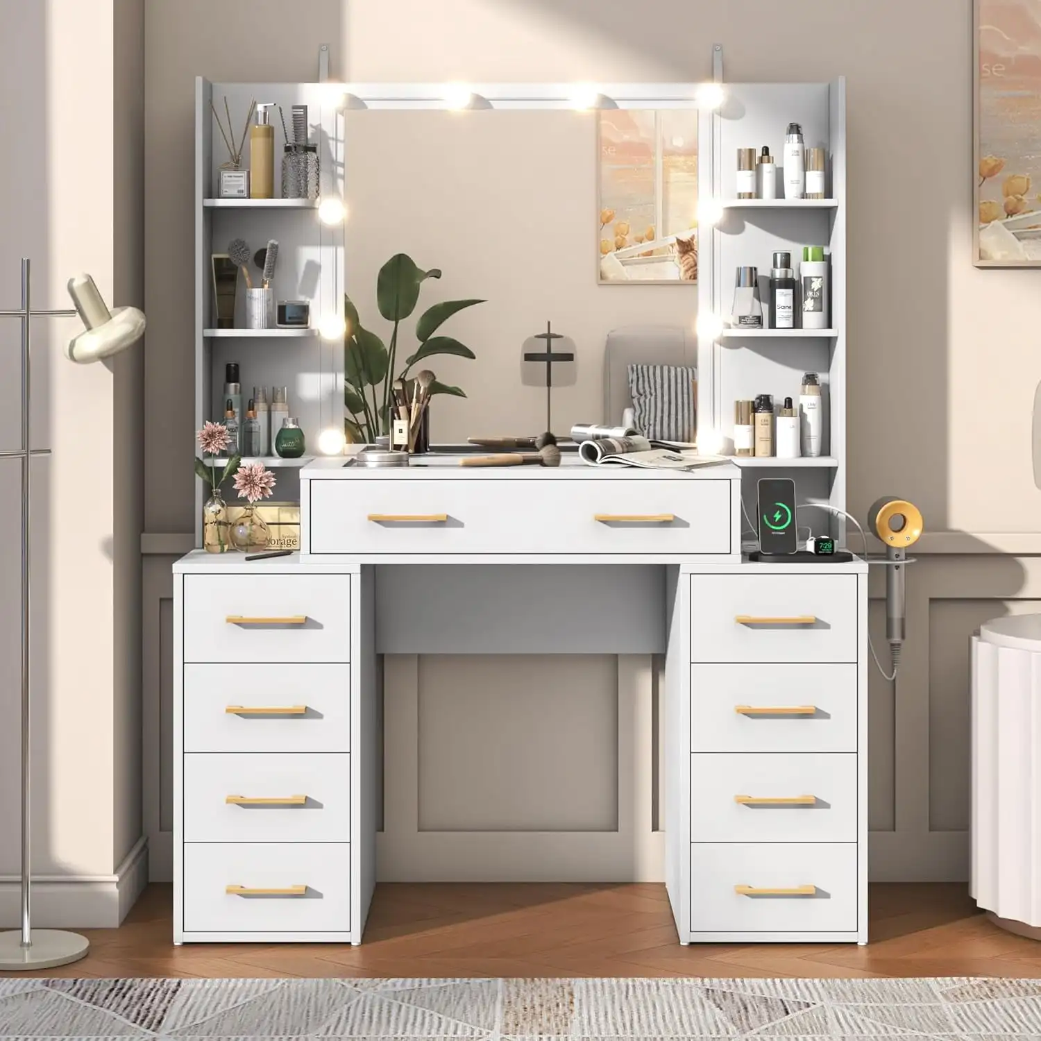 Modern Vanity Desk Mirror LED Lights Glass Top Vanity Desk with Charging Station Compartment Storage Drawers White
