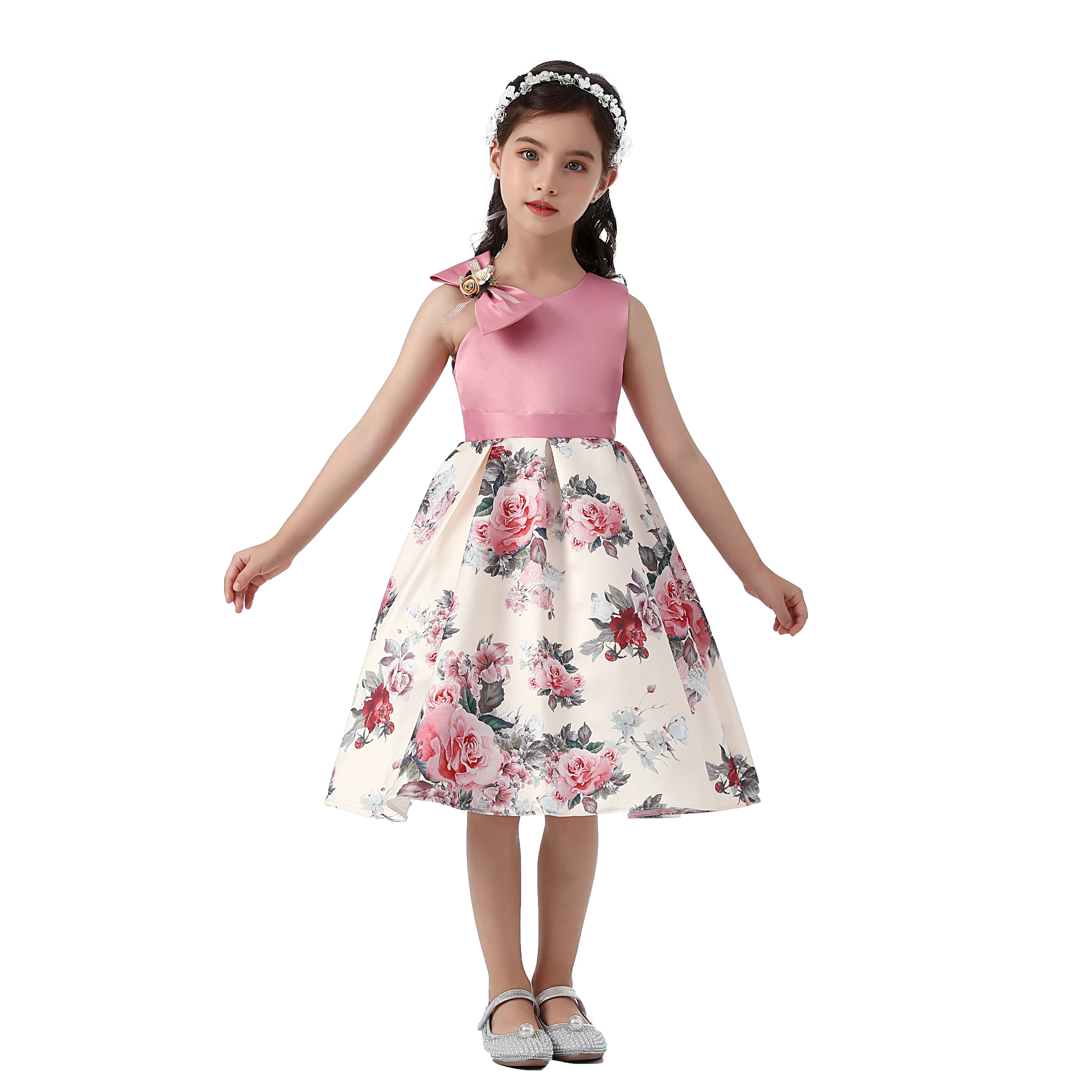 2024 New Arrival 6 To 10 Years Old Big Bow Decoration Wedding Dress Sleeveless Flower Girls Dresses for Fancy Party